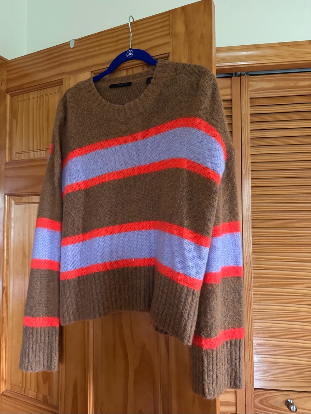 Allsaints Brown Striped Crewneck Sweater with Lavender and Coral Accents